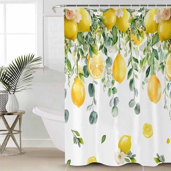 Lemon Eucalyptus Standard Shower Curtain Set, Waterproof Shower Curtains for Bathroom, Farm Flower Fruit Country Boho Summer Washable Fabric Cloth Bath Curtain for Bathtub with Hooks 72x72 Inches