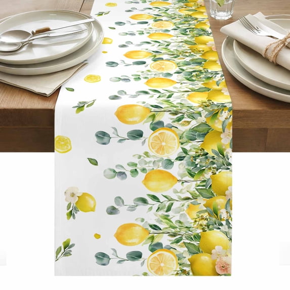 Lemon Eucalyptus Table Runner - 48 Inch Long, Kitchen Dining Table Runner Dresser Scarves, Farm Flower Fruit Country Boho Summer Farmhouse Decor for Coffee Tables Wedding Party Banquet