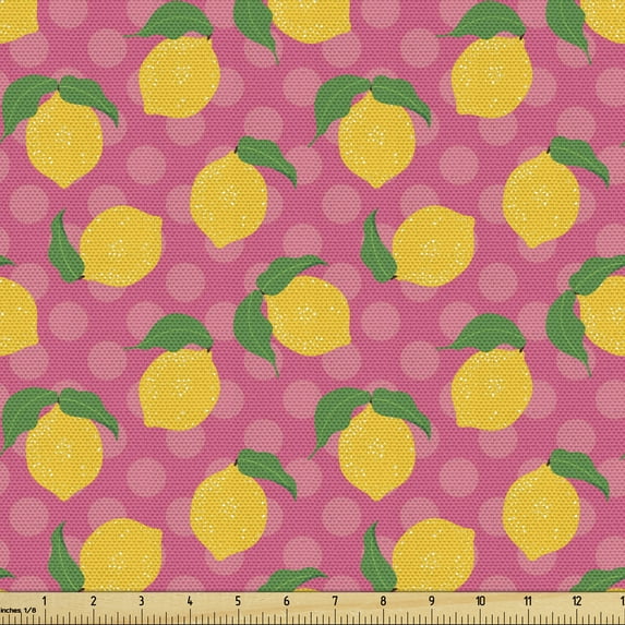 Ambesonne Lemon Fabric by the Yard Upholstery, Lemons with Leaves Polka Dots, 1 Yard, Burnt Sienna Multicolor