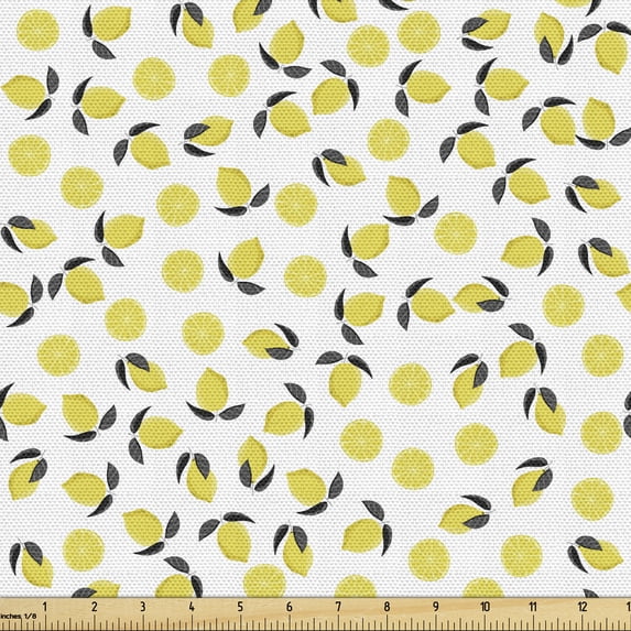 Lemon Fabric by the Yard, Rhythmic Citrus with Blossom Leaves Sliced Vitamin C Healthy Print, Decorative Upholstery Fabric for Chairs & Home Accents, 1 Yard, Earth Yellow Grey by Ambesonne