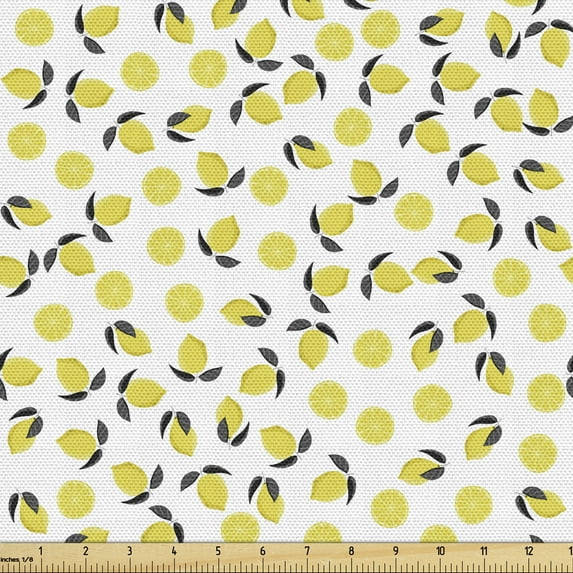 Ambesonne Lemon Fabric by the Yard Upholstery, Citrus Blossoms Vitamin C, 3 Yards, Earth Yellow Grey