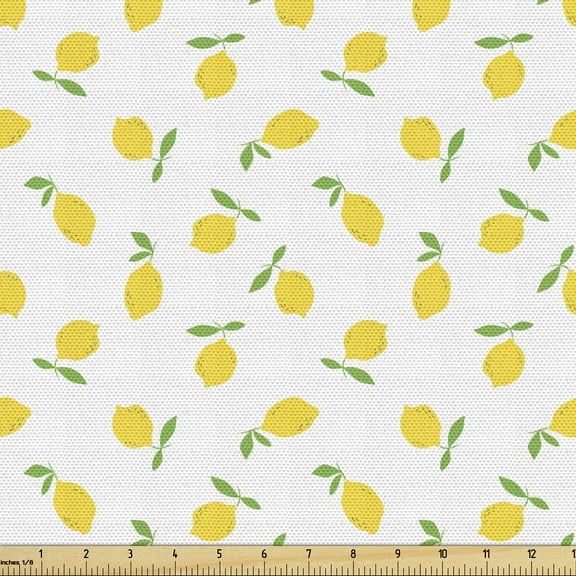 Lemon Fabric by the Yard, Summer Pattern with Simple Cartoon Citrus Fruit Repetition, Decorative Upholstery Fabric for Sofas and Home Accents, 1 Yard, Mustard Lime Green by Ambesonne