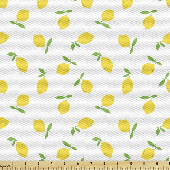 Ambesonne Lemon Fabric by the Yard Upholstery, Summer Citrus Fruit, 5 Yards, Mustard Lime Green