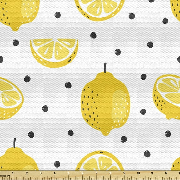 Lemon Fabric by the Yard Upholstery, Summer Pattern of Whole and Halved Citrus Fruit with Polka Dots, Decorative Fabric for DIY and Home Accents, 2 Yards, Mustard Charcoal Grey by Ambesonne