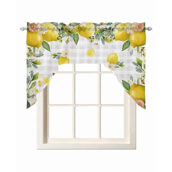 Lemon Farmhouse Kitchen Curtains Swag Valance for Windows/Bathroom/Cafe, Summer Fruit Botanical Grey Checked Rod Pocket Drape Panel Swag Curtain Valance for Bedroom/Living Room 55''x36''