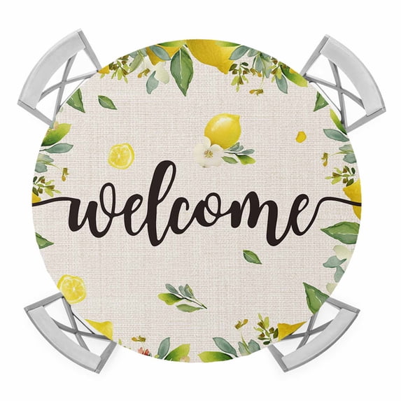 Lemon Farmhouse Round Tablecloth for 36-44 Inch Tables,Fitted Table Cover with Elastic Edge,Summer Fruit Botanical Beige Burlap Waterproof Outdoor Table Cloth Protector for Patio Garden Dinner Picnic