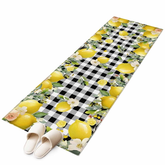 Lemon Farmhouse Runner Rug 2x6 Washable Kitchen Rug Non-Slip Lightweight Thin Soft Low Pile Bathroom Runner Summer Fruit Botanical Black Checked Carpet for Hallway Laundry Room Bedroom Entryway