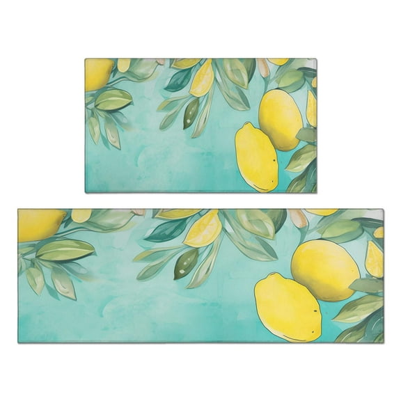 Lemon Farmhouse Rustic Yellow Green Kitchen Rug 2 Piece Cushioned and Non-Skid Washable Floor Mat for Home Kitchen Decor or Office 17x29+17x47 Inch