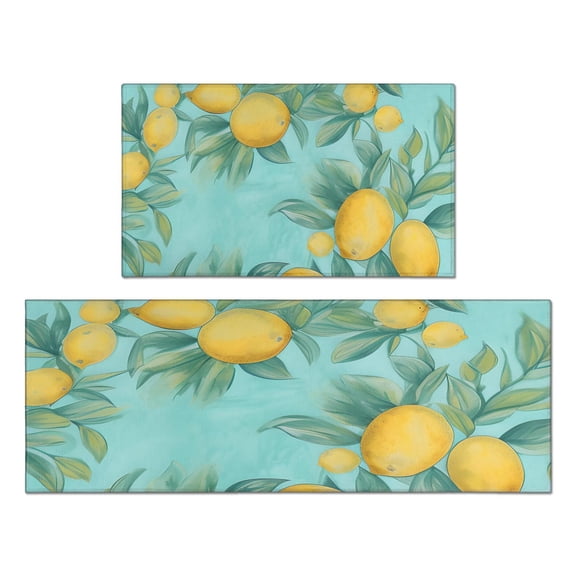 Lemon Farmhouse Rustic Yellow Green Kitchen Rug 2PCS Cushioned and Non-Skid Washable Floor Mat for Home Kitchen Decor or Office 17x29+17x47 Inch