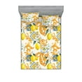 thumbnail image 1 of Lemon Fitted Sheet & Pillow Sham Set, Ethnic Mediterranean Inspired Flowers and Citrus Fruit Curlicue, Decorative Printed 3 Piece Bedding Decor, Full, Off White Marigold and Yellow, by Ambesonne, 1 of 2
