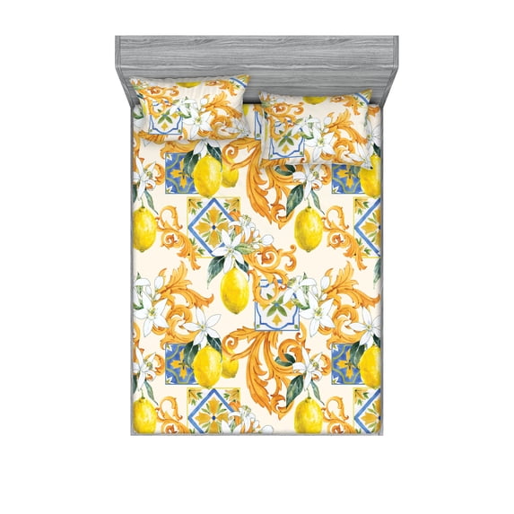 Lemon Fitted Sheet & Pillow Sham Set, Ethnic Mediterranean Inspired Flowers and Citrus Fruit Curlicue, Decorative Printed 3 Piece Bedding Decor, Full, Off White Marigold and Yellow, by Ambesonne