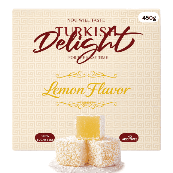 Lemon Flavored Turkish Delight 450g (~1lb) Coconut Covered Lokum Soft & Chewy Citrus Candy Traditional Turkish Sweets Vegan, No Additives, 100% Sugar Beet