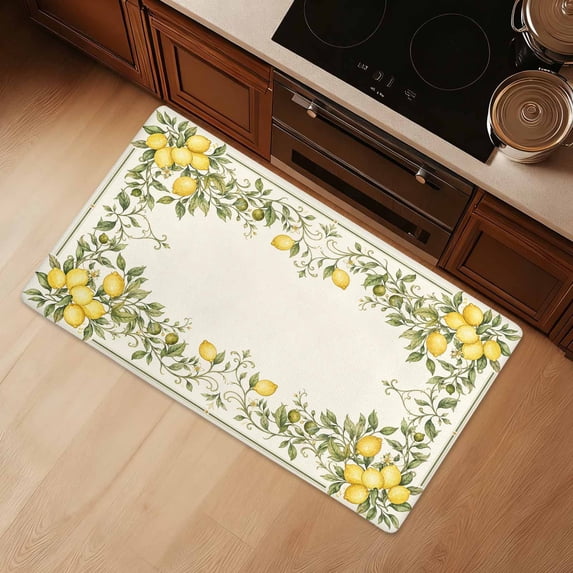 Lemon Floral Anti Fatigue Kitchen Mat 36" x 20", Vintage Botanical Pattern Cushioned Non Slip Waterproof Floor Mat for Kitchen Sink Laundry Room Entryway Farmhouse Decor
