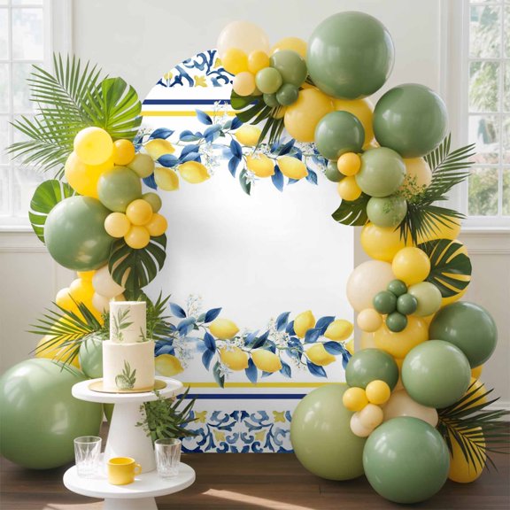 Lemon Floral Arch Backdrop Cover, 4FT, Moroccan Lemon Yellow Blue Stripes Floral Texture Spandex Arch Covers Double-Sided Backdrop for Wedding Birthday Party Photo Background Decoration
