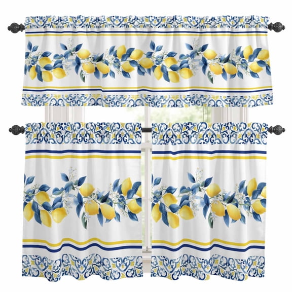 Lemon Floral Kitchen Curtains Set for Windows, Moroccan Lemon Yellow Blue Stripes Floral Texture Curtains Valance and Tier 3 Piece Set Small Drapes 36 Inch Length for Kitchen Bedroom Decor