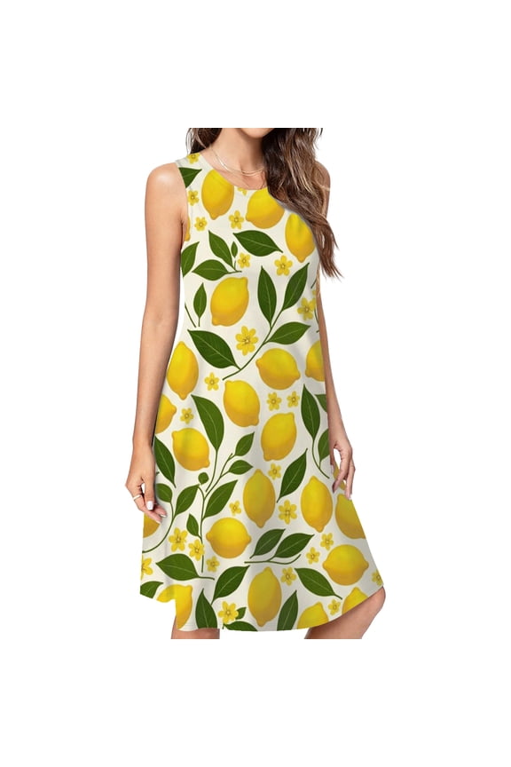 Lemon Floral Pattern Dress Elegant Party Dresses Evening Dresses Women Dress Sleeveless Dress Ladies Dresses