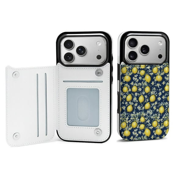 Lemon Floral Pattern Leather Wallet Case for iPhone 16 Wallet Case Card Holder Flip