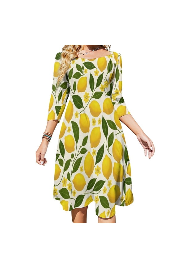 Lemon Floral Pattern Women's Fall Dresses Casual Loose Flowy Swing Shift Dress