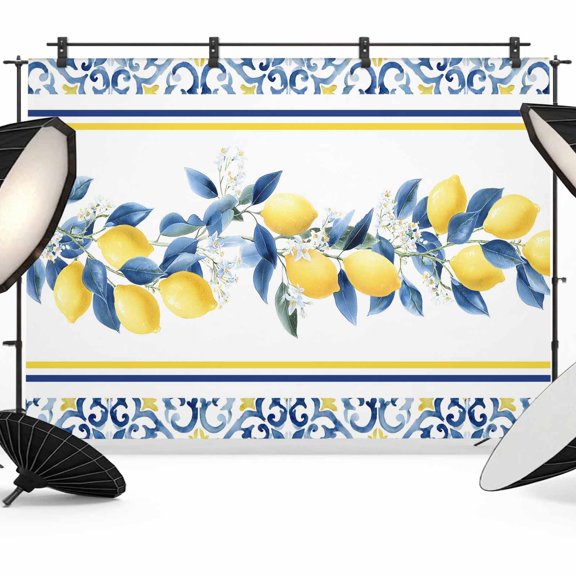 Lemon Floral Photography Backdrop 7x5FT, Moroccan Lemon Yellow Blue Stripes Floral Texture Photo Backdrops, Background for Photography Studio Photo Studio Background, Back Drop for Photoshoot