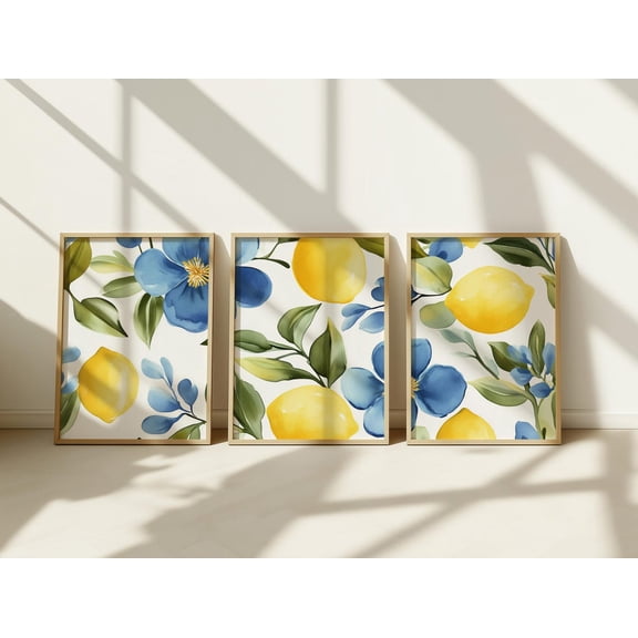 Lemon Floral Print Abstract Botanical Kitchen Art Set 3 Unframed Paper Print 20x30