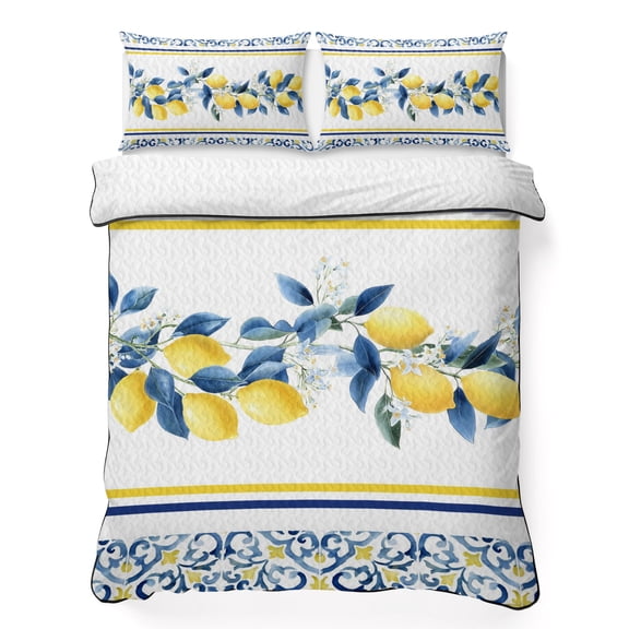 Lemon Floral Queen Quilt Bedding Set, Moroccan Lemon Yellow Blue Stripes Floral Texture Lightweight Comforter with 2 Pillow Shams Bedroom Bedspread Set Home Decor for All Seasons