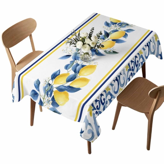 Lemon Floral Rectangle Tablecloth Moroccan Lemon Yellow Blue Stripes Floral Texture Waterproof Wrinkle Free Soft Table Cloth Spill-Proof Washable Table Cover for Dining Party Picnic 60 x 102 Inch