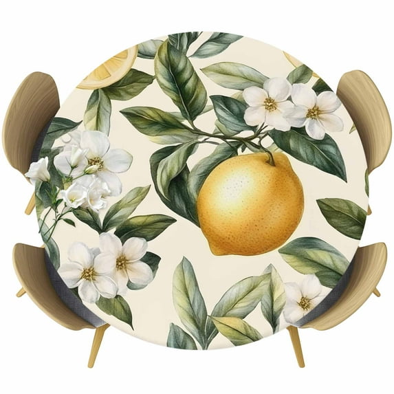 Lemon Floral Round Tablecloth 45-54 Inch Round Fitted Table Cloth with Elastic Edge, Watercolor Country Summer Spring Fruit Waterproof Table Cover Protector for Outdoor Picnic Party Dining