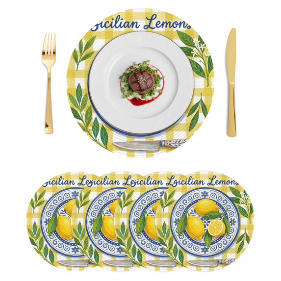 Lemon Floral Summer Round 15 Inch Placemats Set of 4, Yellow Plaid Leaves Flower HeatResistant Non Slip Place Mats for Dining Table, Wipeable Braided Kitchen Table Mats for Housewarming