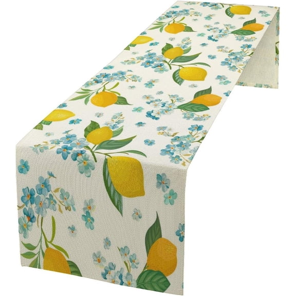 Lemon Floral Table Runner, Vintage Lemon Flower Summer Tropic Fruit Dinner Table Runners Farmhouse Coffee Table Home Kitchen Dresser Decor for Party Holiday 13"x90"