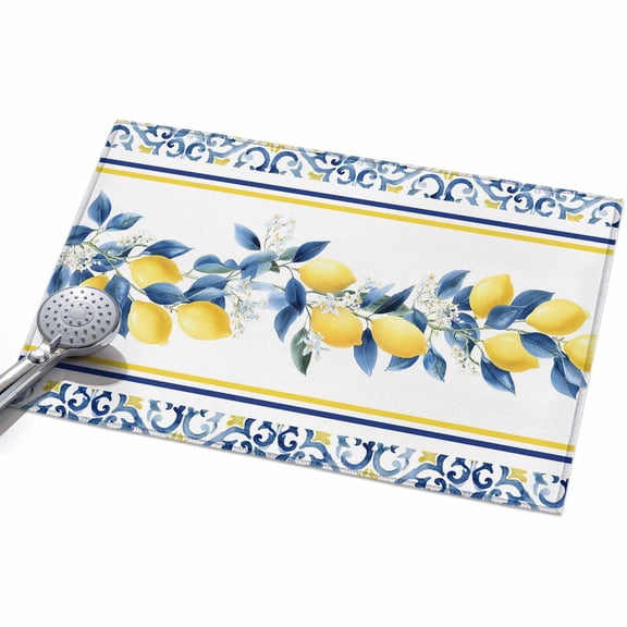 Lemon Floral Washable Area Rug 2 x 3 ft Moroccan Lemon Yellow Blue Stripes Floral Texture, Soft Non Slip Rugs Stain Repellent Indoor Felt Carpet for Living Dining Room Bedroom Home Office