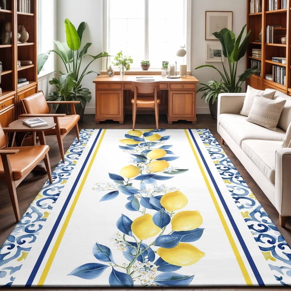 Lemon Floral Washable Area Rug 9 x 12 ft Moroccan Lemon Yellow Blue Stripes Floral Texture, Soft Non Slip Rugs Stain Repellent Indoor Felt Carpet for Living Dining Room Bedroom Home Office