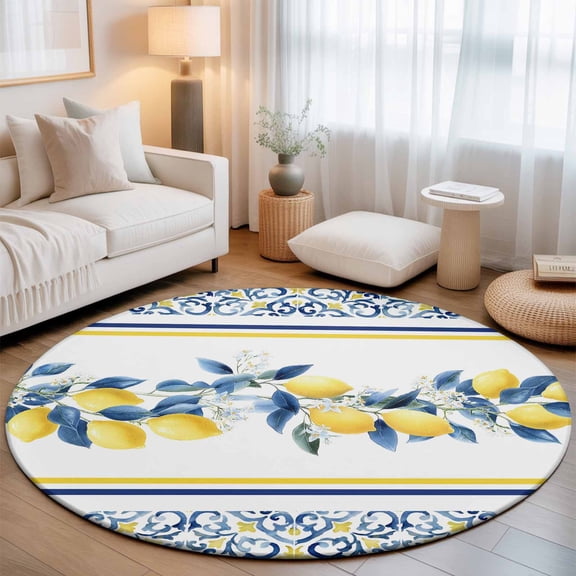 Lemon Floral Washable Round Area Rug 5 ft, Moroccan Lemon Yellow Blue Stripes Floral Texture, Soft Non Slip Rugs Stain Repellent Indoor Felt Carpet for Living Dining Room Bedroom Home Office