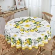 Lemon Floral Wreath Round Tablecloth Waterproof & Washable Table Cover Polyester Table Cloth for Kitchen Dining Tablet Party Dining Tablet