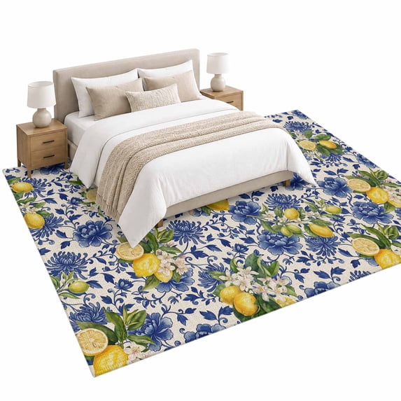 Lemon Flower Area Rug 6'x9', Summer Lemon Blue Floral Leaf Linen ...