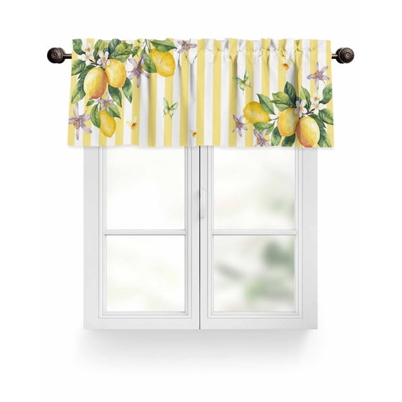 Lemon Flower Butterfly Valances for Windows Leaf Yellow White Striped Valance Rod Pocket Light Filtering Short Window Treatments Curtains for Kitchen Bathroom Living Room Bedroom, 42 x 12 Inch