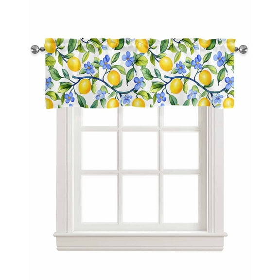 Lemon Flower Kitchen Valances for Windows Farmhouse Linen Window Valance Curtain for Living Room Window Treatment Fruit Blue Floral Spring Blooms Botanicals Valance Rod Pocket Topper, 60 x 18 Inch