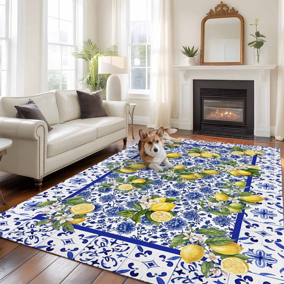 Lemon Flower Large Area Rugs 8x10 ft Summer Lemon Blue Floral Texture Washable Rug Non Slip Indoor Carpet Absorbent Floor Mat for Living Room Bedroom Dining Room