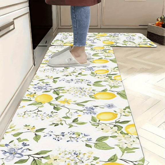 Lemon Flower Non-Slip Kitchen Mat Set, Soft Flannel Floor Mats, Washable for Kitchen Laundry Home Office, Holiday Decor 2/3-Piece