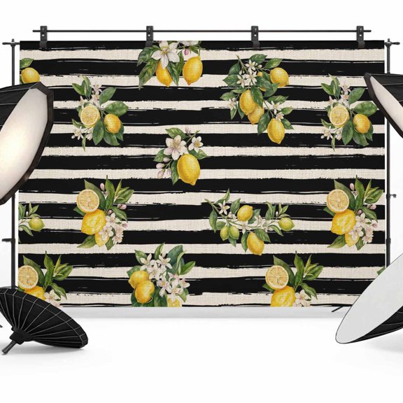 Lemon Flower Photography Backdrop 10x8FT, Summer Lemon Floral Black Stripes Linen Texture Photo Backdrops, Background for Photography Studio Photo Studio Background, Back Drop for Photoshoot