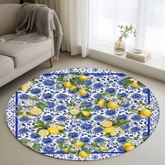 Lemon Flower Round Rugs for Living Room 3ft Summer Lemon Blue Floral Texture Non Slip Circle Rug Washable Low-Profile Indoor Carpet for Bedroom, Dining Room, Bathroom