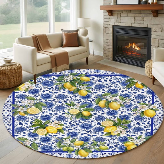 Lemon Flower Round Rugs for Living Room 7ft Summer Lemon Blue Floral Texture Non Slip Circle Rug Washable Low-Profile Indoor Carpet for Bedroom, Dining Room, Bathroom