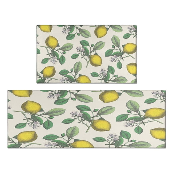 Lemon Flower Rugs and Mats Non Skid Washable Absorbent Microfiber Soft Kitchen Mat for Floor Set Of 2 Decor Stain Resistant 17"x47"+17"x30"