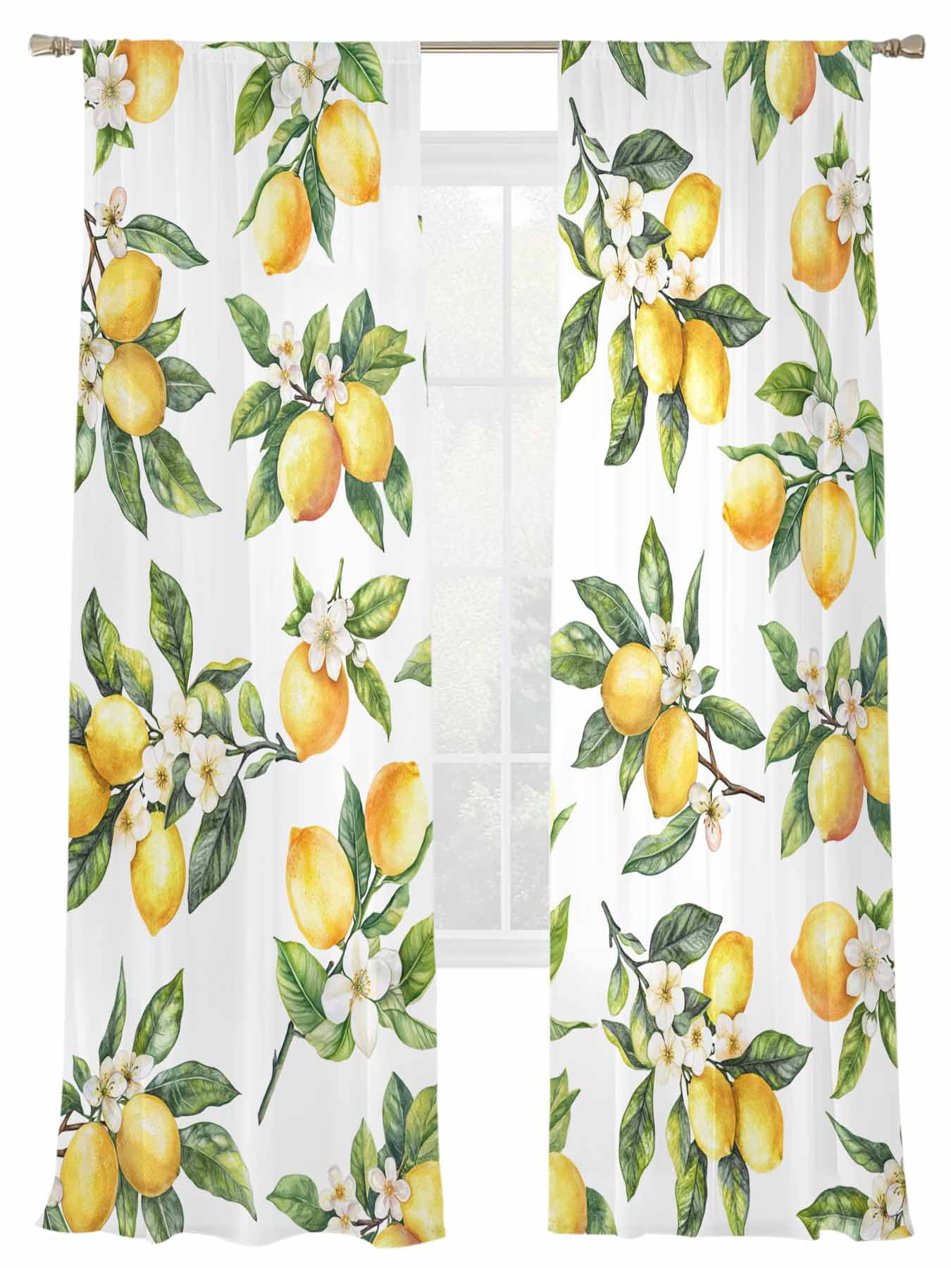 Lemon Flower Sheer Curtains 2 Panels Set Watercolor Summer Leaf Sheer ...