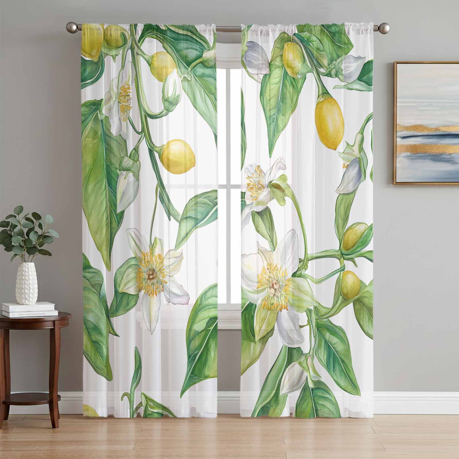 Lemon Flower Sheer Curtains 72 Inch Length 2 Panels Set, Summer Leaves ...