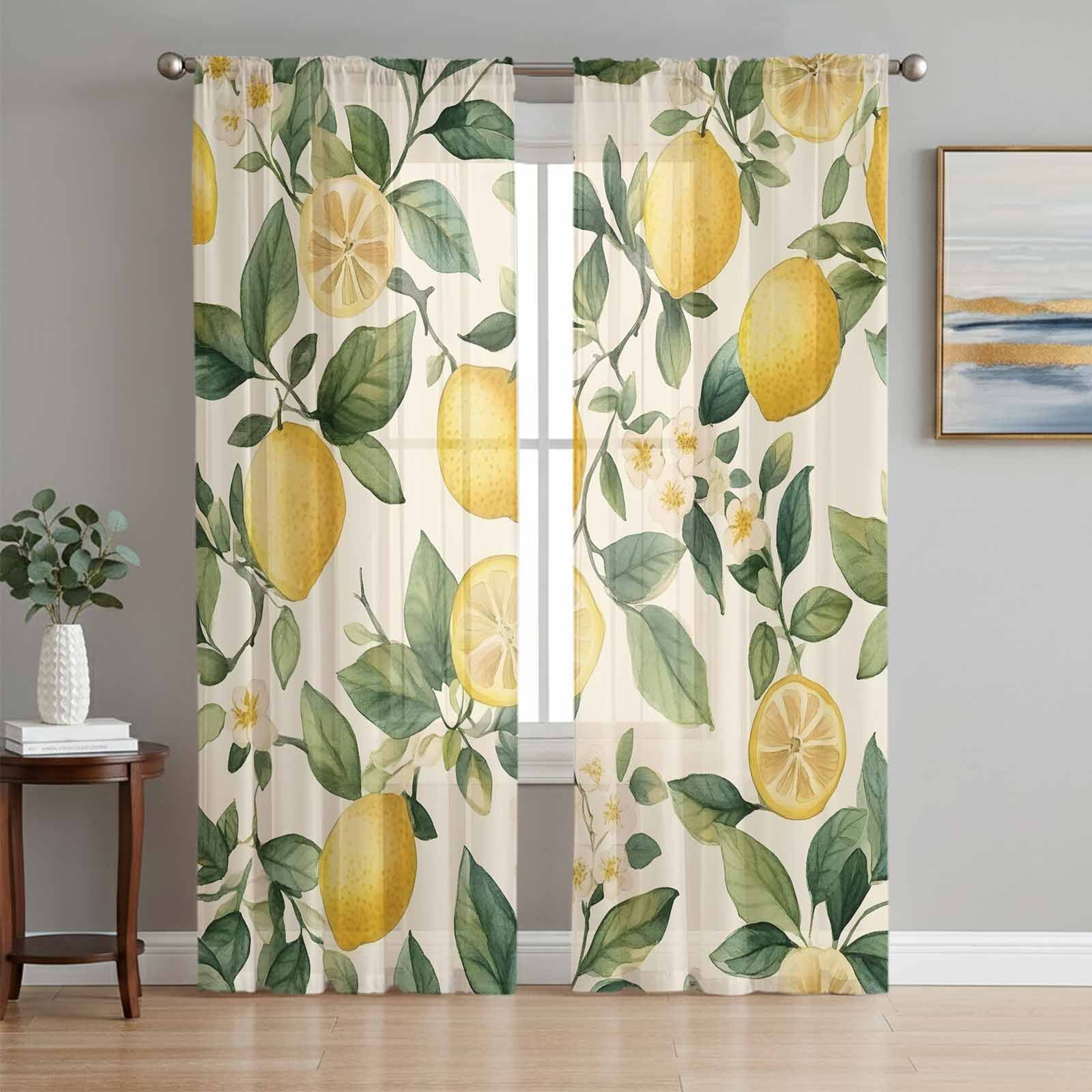 Lemon Flower Sheer Curtains 96 Inch Length 2 Panels Set, Green Leaf ...
