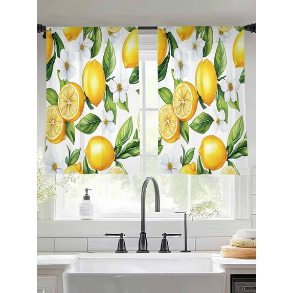 Lemon Flower Sheer Curtains for Living Room Bedroom Yellow Fruit White Spring Blooms Botanicals Sheer Curtains 54 Inch Long 2 Panels Set Light Filtering Curtain Window Treatments Drapes