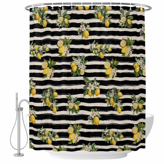 Lemon Flower Shower Curtain, 72"x72", Summer Lemon Floral Black Stripes Linen Texture Waterproof Bathroom Curtain Washable Shower Curtain Set with 12 Hooks