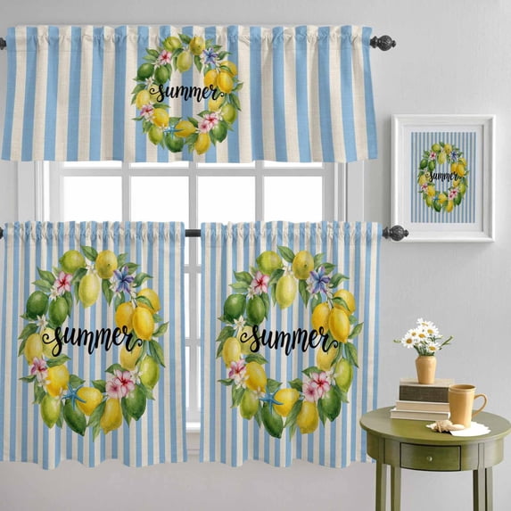 Lemon Flower Starfish Curtain Tier and Valance Set 3 Piece, Summer Theme Vintage Blue Stripe 3-inch Rod Pocket Window Tier Curtains Valance for Kitchen Living Room