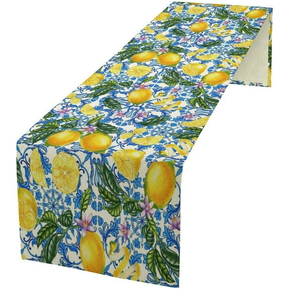 Lemon Flower Table Runner, Italian Navy Blue Tile Burlap Watercolor Lemon Floral Summer Fruit Dinner Table Runners Farmhouse Coffee Table Home Kitchen Dresser Decor for Party Holiday 13"x108"