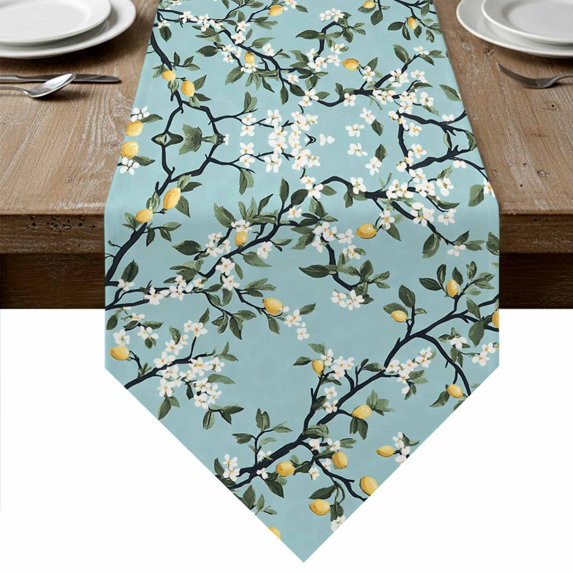 Lemon Flower Table Runner Linen Burlap Table Runner 70 Inches Long Summer Leaves Botanical Garden Florals Dresser Scarves for Kitchen Island Coffee Dining Party Wedding Banquet Holiday Decor 13"x70"
